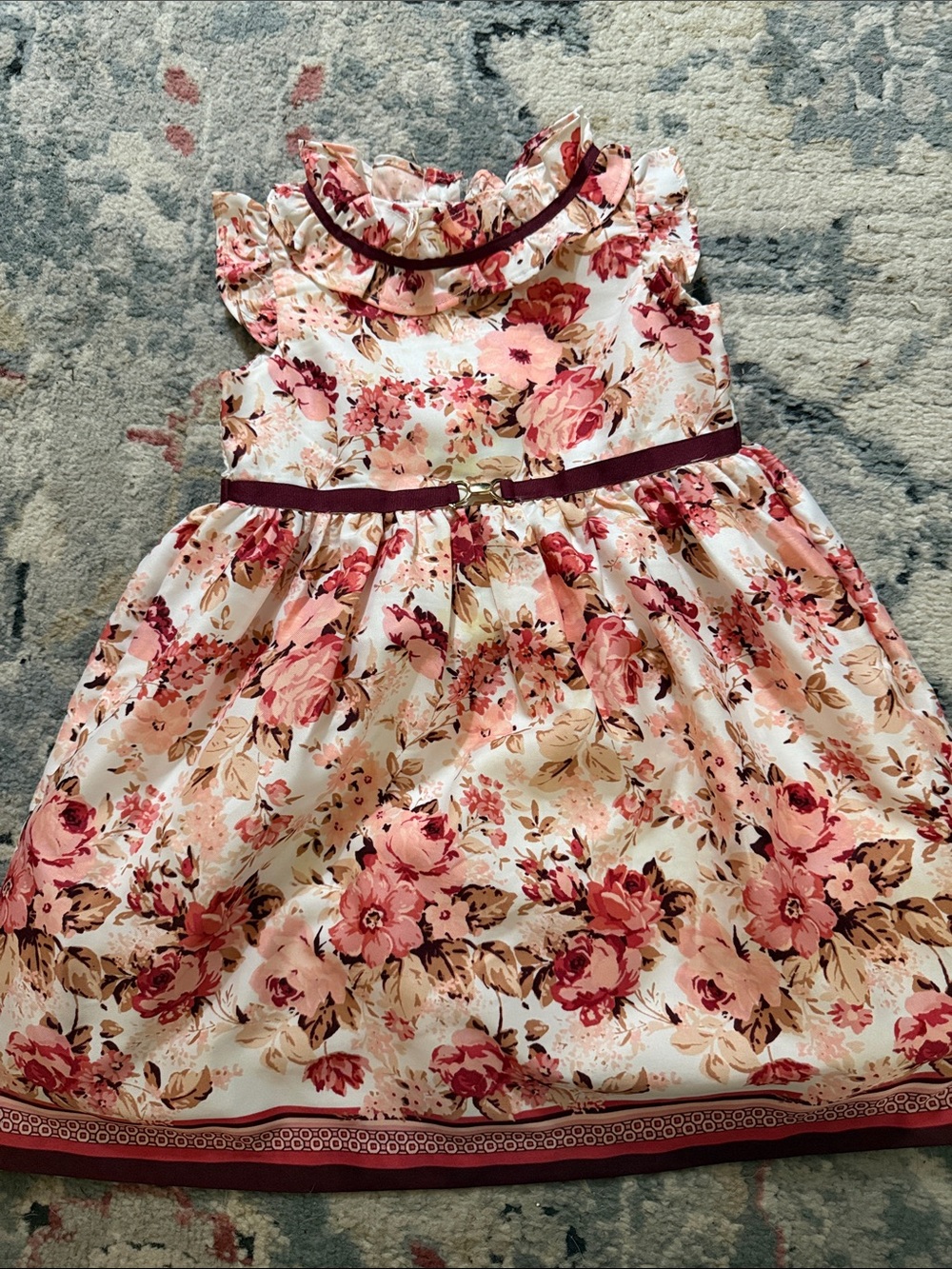 Janie and Jack Cream Floral Ruffle Dress with Burgundy Trim